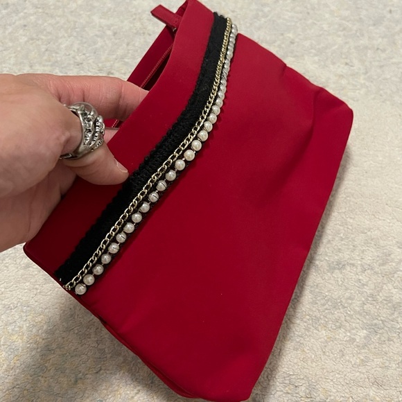 EUC Size Medium Lancôme Pearl Decorative Top-zip Makeup Case/Cosmetic Bag In Red - Picture 4 of 9